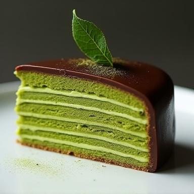 美しい層が見える抹茶オペラの一切れ